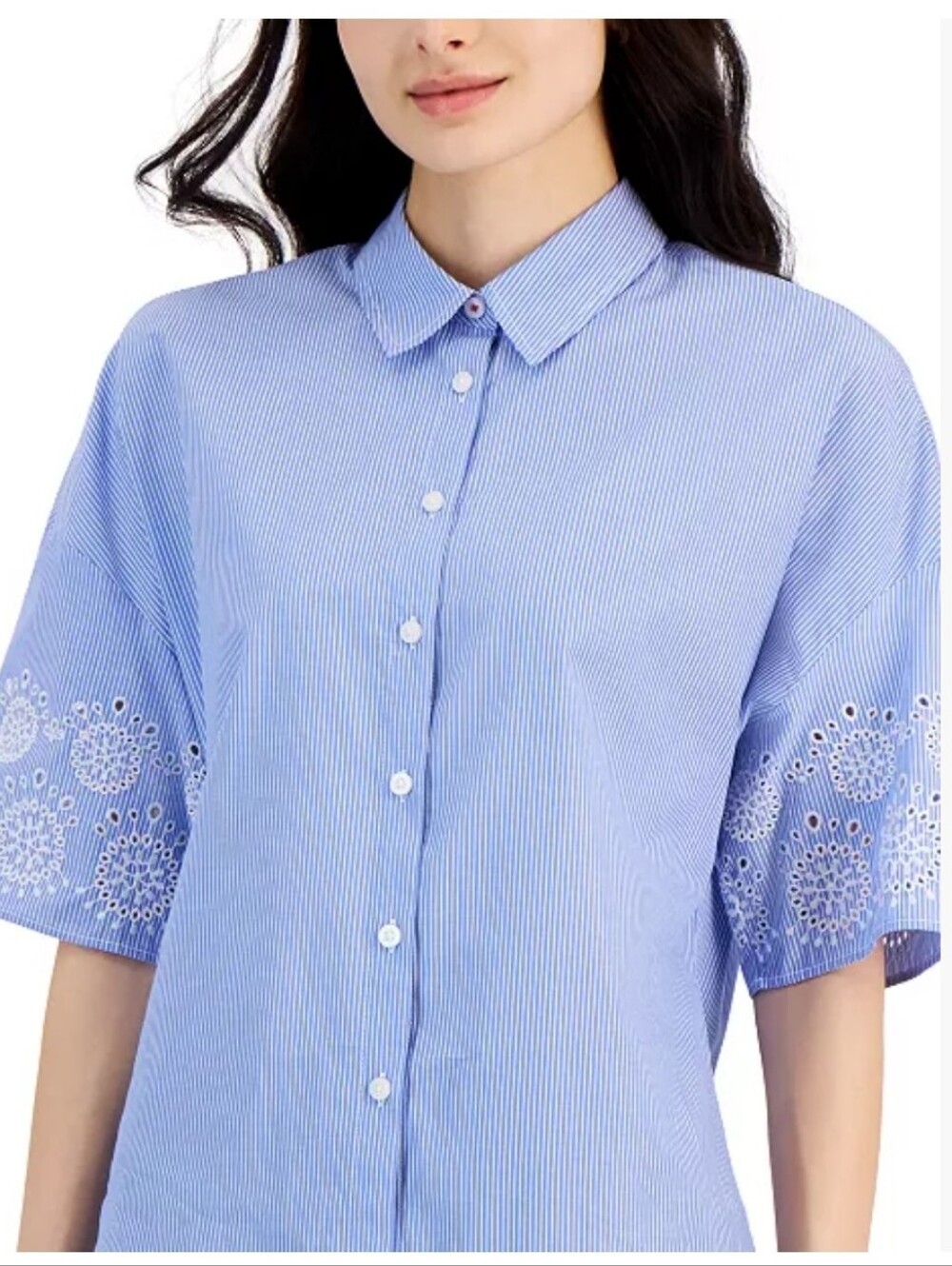 Nautica Jeans Nautica Women's Cotton Embroidered-Sleeve Boxy Camp Shirt